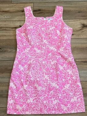 Lilly Pulitzer Shift Dress SZ 12 Pink Gecko Lizard Back Zip Vintage White Label